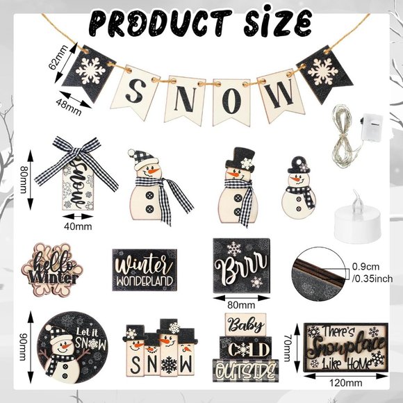 24 Pcs Black White Distressed Style Set Let It Snow Snowflake Wooden Tray Decor - Picture 3 of 7